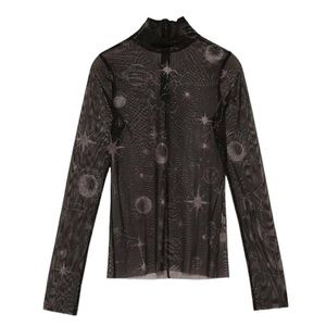 Zara long sleeve mesh star celestial mock neck top in galaxy black